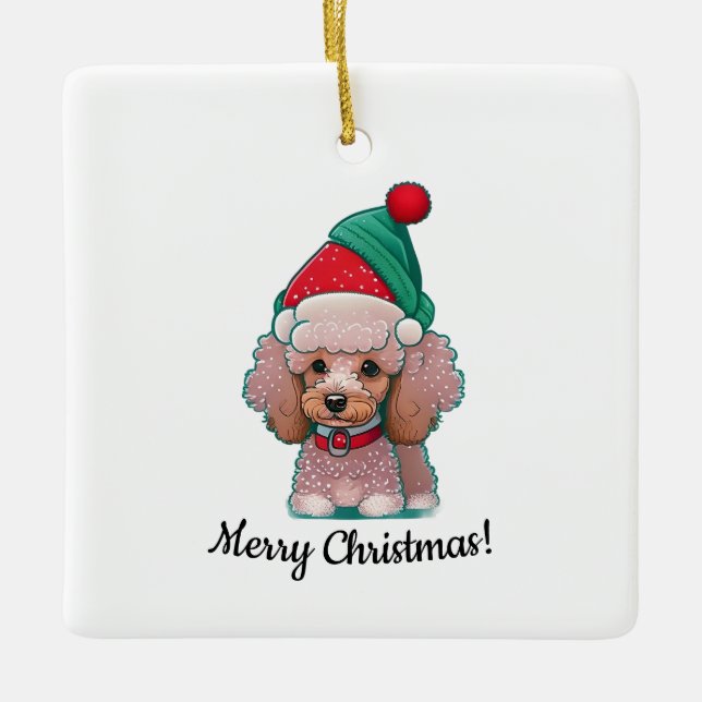 Ornamento De Cerâmica Poodle bonito com chapéu de Natal (Frente)