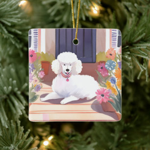 Ornamento De Cerâmica Poodle Branco   Flores de Aquarela de Cachorro