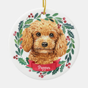 Ornamento De Cerâmica Poodle Christmas Elegant Watercolor Wreath Dog