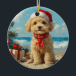Ornamento De Cerâmica Poodle Dog Christmas Vintage Beach<br><div class="desc">Traga o calor dos feriados para a costa com esta charmosa design inspirada na vintagem, que apresenta um cão festivo sentado numa praia serena. Com um clássico toque de feriado de tons nostálgicos e vibrações costeiras, esta trabalho de arte captura a magia do Natal pelo mar. Perfeito para espalhar alegria...</div>