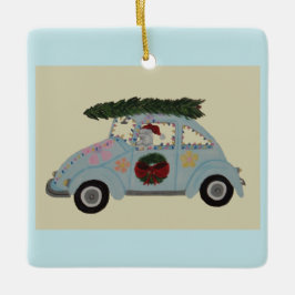Ornamento De Cerâmica Poodle em Carro Hippie no Natal