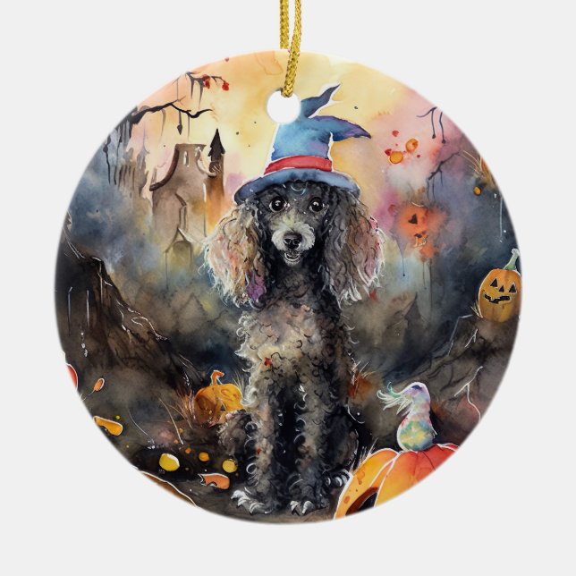 Ornamento De Cerâmica Poodle Halloween Com Pumpkins Assustado (Frente)