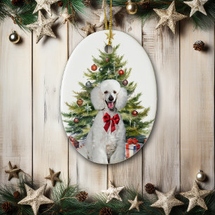 Ornamento De Cerâmica Poodle Padrão Branco com Laço Vermelho Natal