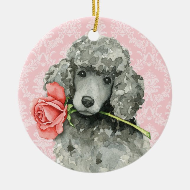 Ornamento De Cerâmica Poodle Padrão do Rosa do namorados (Frente)