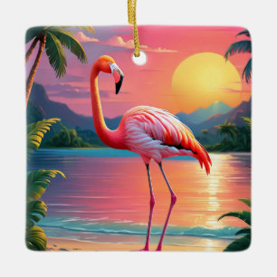 Ornamento De Cerâmica Pôr do sol do flamingo na praia tropical 
