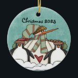 Ornamento De Cerâmica Por favor, deixe-o nevar Snowman guardar o ornamen<br><div class="desc">Neves e pinguins com um céu teal e flocos de neve suaves caindo com uma área que você pode personalizar com o ano em curso em um ornamento de manutenção de porcelana que você certamente vai tesourar por anos.</div>