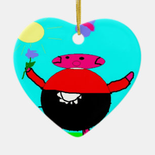 Ornamento De Cerâmica porco com flor e borboleta ao sol, arte por crianç