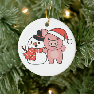 Ornamento De Cerâmica Porco Com Neve No Inverno Para A Cerâmica De Natal