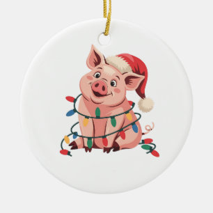Ornamento De Cerâmica Porco de Luzes de Natal Vestindo Chapéu de Natal -
