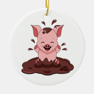 Ornamento De Cerâmica Porco Fofo Brincando Na Lama