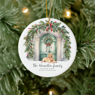 Ornamento De Cerâmica Porta da frente com Natal Labrador amarelo