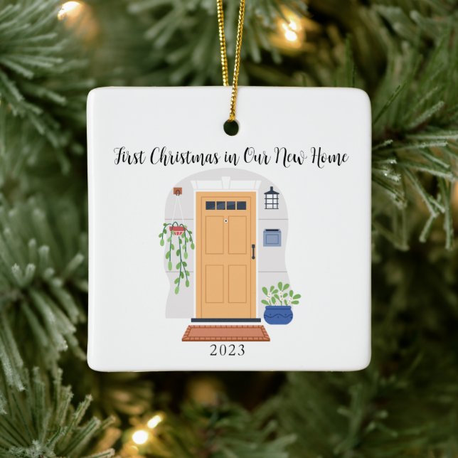 Ornamento De Cerâmica Porta de Aquarela Primeiro Natal em Nossa Nova Cas (Árvore)