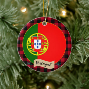 Ornamento De Cerâmica Portugal, Red buffalo plaid & Portuguese Flag