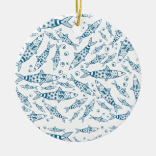 Ornamento De Cerâmica Português Lisboa Sardinha Padrão Azulejos Branco