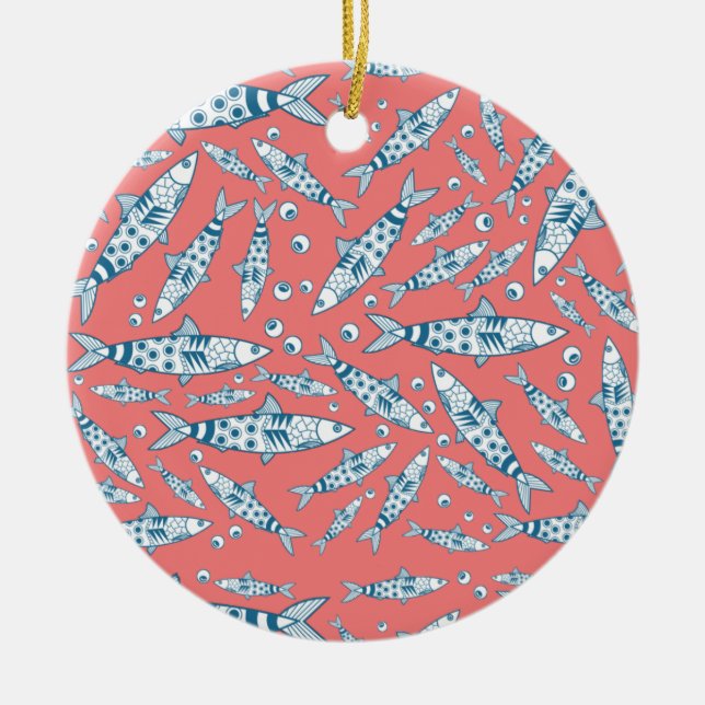 Ornamento De Cerâmica Português Lisboa Sardinha Padrão Azulejos Rosa (Frente)