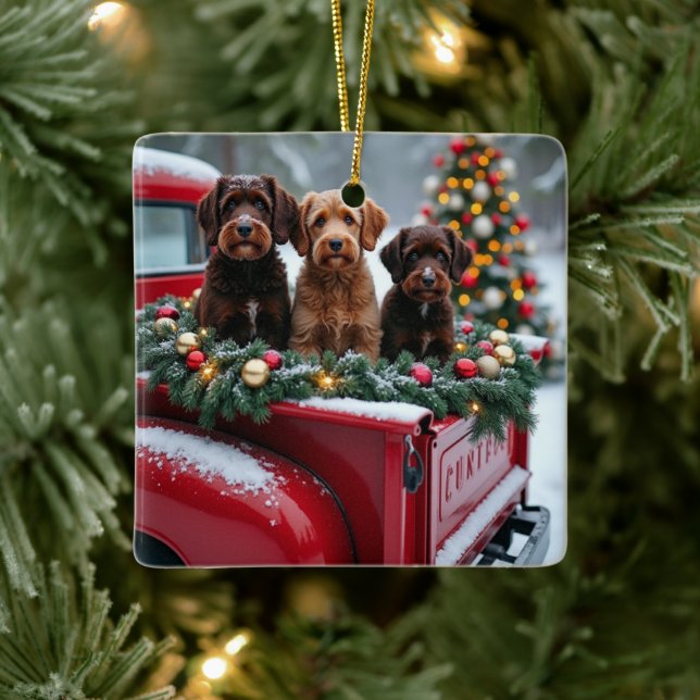 Ornamento De Cerâmica Portuguese Water Dog Christmas Red Truck Holiday (Árvore)