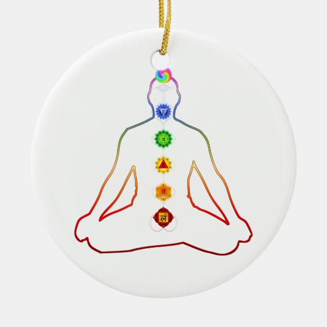 Ornamento De Cerâmica Pose de Asana Siddhasana da ioga com 7 Chakras (Frente)