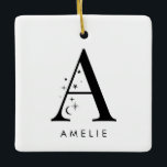 Ornamento De Cerâmica Praça do Nome Celestial do Monograma<br><div class="desc">Adicione um toque de magia celestial à sua decoração de férias com este Enfeites de natal monográfico espantoso! Apresentando uma carta adornada com estrelas pequenas e luas à sua volta e a sua escolha de nome por baixo, este ornamento personalizado é o nome perfeito para a temporada. Ele ajustado confortavelmente...</div>