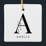 Ornamento De Cerâmica Praça do Nome Celestial do Monograma<br><div class="desc">Adicione um toque de magia celestial à sua decoração de férias com este Enfeites de natal monográfico espantoso! Apresentando uma carta adornada com estrelas pequenas e luas à sua volta e a sua escolha de nome por baixo, este ornamento personalizado é o nome perfeito para a temporada. Ele ajustado confortavelmente...</div>