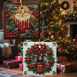 Ornamento De Cerâmica Praça Personalizável da Vela de Natal Vermelha