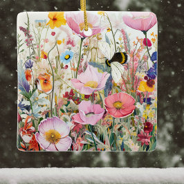 Ornamento De Cerâmica Prado do Cosmos e Flores Selvagens com Bee Boho