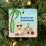 Ornamento De Cerâmica Praia de um rua de Natal do Baby Personalizado<br><div class="desc">O ornamento de Natal de uma rua de bebê de praia mostra um menino lindo bebê de praia bebendo seu limão. Ele está de pé com seu impressionante castelo de areia e prancheta. Pode ser personalizado com um nome, ano ou qualquer texto que você queira adicionar. Alguns gráficos de trabalho...</div>