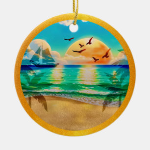 Ornamento De Cerâmica Praia Tropical Moderna Palmeiras Pôr do Sol Férias