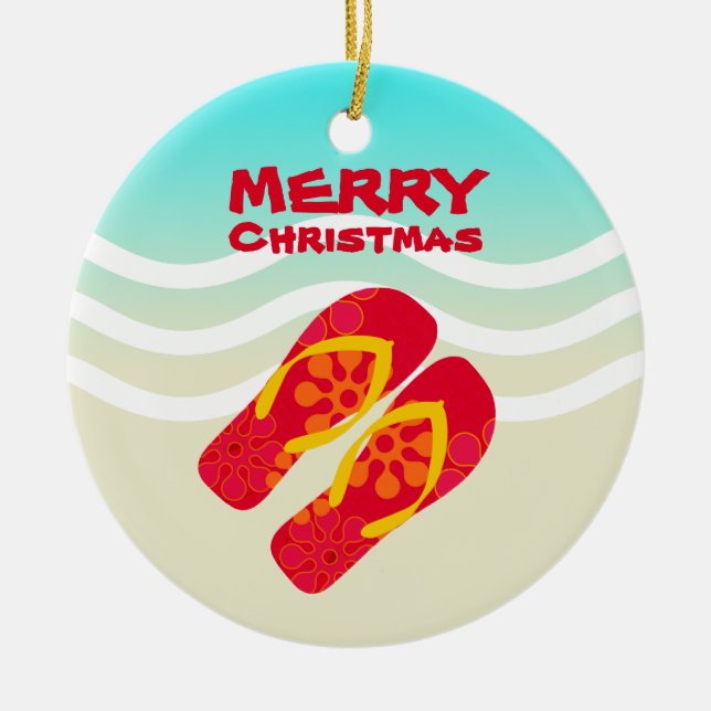 Ornamento De Cerâmica Praia Tropical Ondas Feliz Natal (Frente)
