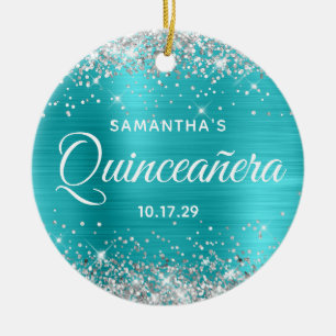 Ornamento De Cerâmica Prata Brilho Turquesa Folha Quinceañera