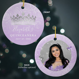 Ornamento De Cerâmica Prata fotográfica elegante e Quinceanera roxa leve