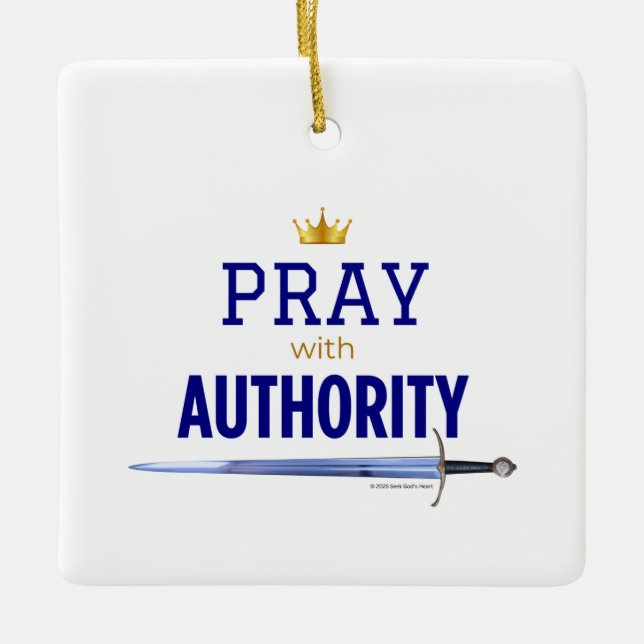 Ornamento De Cerâmica Pray with Authority - Blue Square,  (Frente)