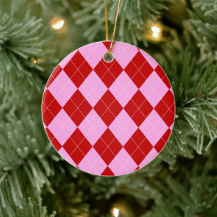 Ornamento De Cerâmica Preppy Argyle Tartan Diamond Xadrez Vermelho Rosa