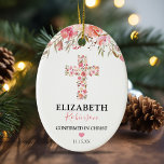 Ornamento De Cerâmica Presente de confirmação | Cruz Floral Rosa<br><div class="desc">O ornamento cerâmico de confirmação de adultos,  com uma cruz floral rosa religiosa,  e um modelo de texto elegante,  fácil de personalizar.</div>