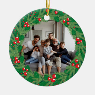 Ornamento De Cerâmica Presente de Coroa de Natal de Azevinho com Foto de