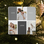 Ornamento De Cerâmica Presente de Foto e Nome Personalizado da Família M<br><div class="desc">Presente de Foto e Nome Personalizado da Família Moderna</div>