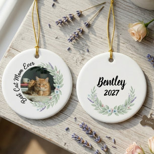 Ornamento De Cerâmica Presente de Gato Mãe de Água-forte Lavanda Floral