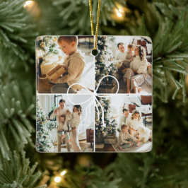 Ornamento De Cerâmica Presente de Natal com 4 Fotos e Laço de Família