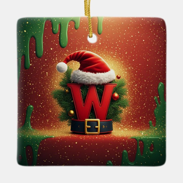 Ornamento De Cerâmica Presente de Natal Inicial W Para Presentes de Féri (Frente)