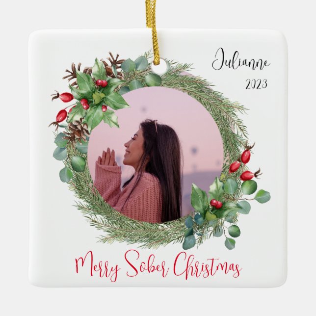 Ornamento De Cerâmica Presente de Natal Sólido, Foto Personalizada (Frente)