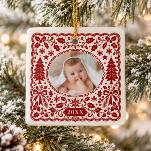 Ornamento De Cerâmica Presente de Natal Vermelho em Renda Vintage para B