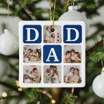 Ornamento De Cerâmica Presente do PAI de Gráfico Multifográfico Moderno<br><div class="desc">Crie o seu enfeites de natal de PAI com esta colagem e texto multicamotópicos modernos. Design apresenta 6 fotografias com quadrados de canto curvos com o PAI de texto em blocos azuis escuros que podem ser alterados para qualquer cor. Ao contrário, o texto 'Melhor Pai do Mundo' com uma citação...</div>