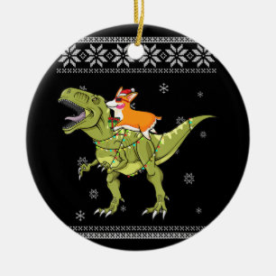 Ornamento De Cerâmica Presente para cães Natal de Corgi Riding T Rex D
