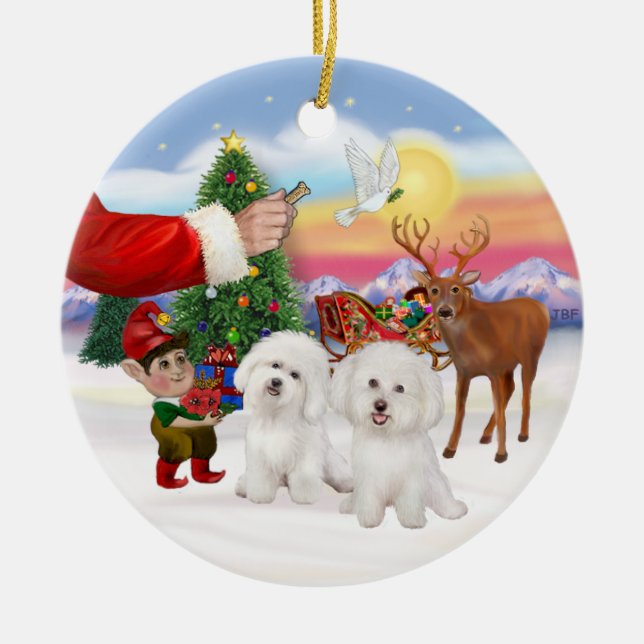 Ornamento De Cerâmica Presente para dois Bichon Frise (Frente)