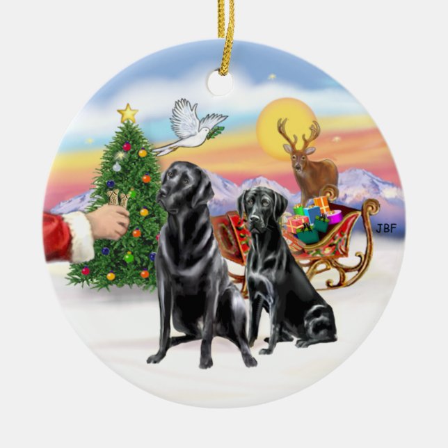Ornamento De Cerâmica Presente para dois Labradores pretos (Frente)