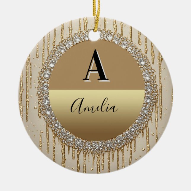 Ornamento De Cerâmica Presente Personalizado Com Monograma Dourado Para  (Frente)