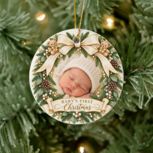 Ornamento De Cerâmica Presente Personalizado de Foto do Primeiro Natal d