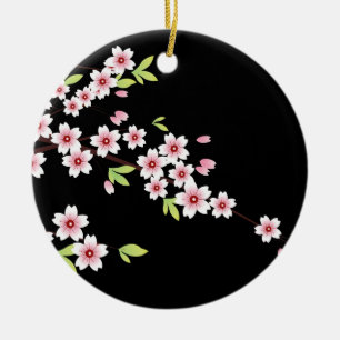 Ornamento De Cerâmica Preto com Sakura do Blossom da Cereja Rosa e Verde