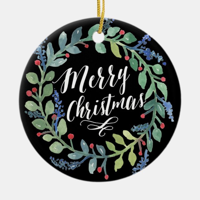 Ornamento De Cerâmica Preto da foto do Natal da grinalda da aguarela (Frente)