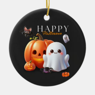 Ornamento De Cerâmica Preto e Laranja Fofo Feliz Halloween