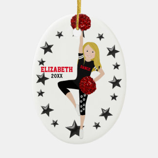 Ornamento De Cerâmica Preto louro e vermelho da menina de Pom da dança
